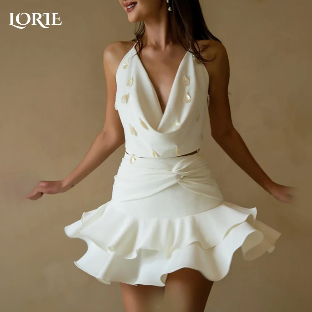 

LORIE Vintage Boho Short Mermaid Wedding Dress Halter Ruffle Two Pieces Mini Bridal Gown Princess Bride Gown Customized