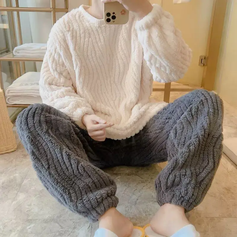 Pajamas for Men Fleece Winter Sleepwear Korean Sleeping Night Wear O-neck Pijama 2 Pcs Pants Sets Warm Solid Home Suit 2024 New