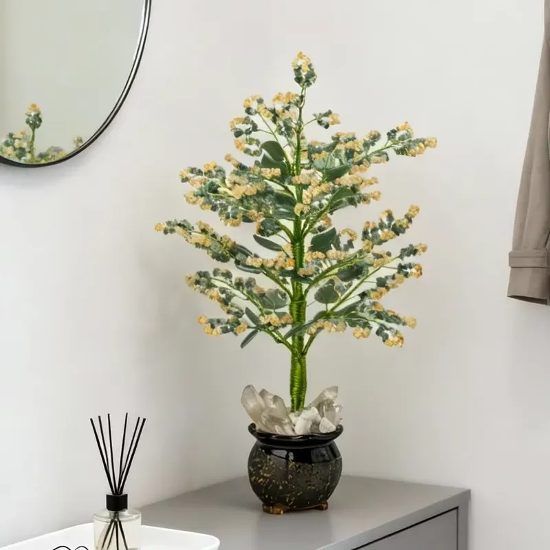 Citrine Green Aventurine Jade Chip Stone Tree Healing Crystal Artificial Green Branches Faux Plants for Home Party Decoration