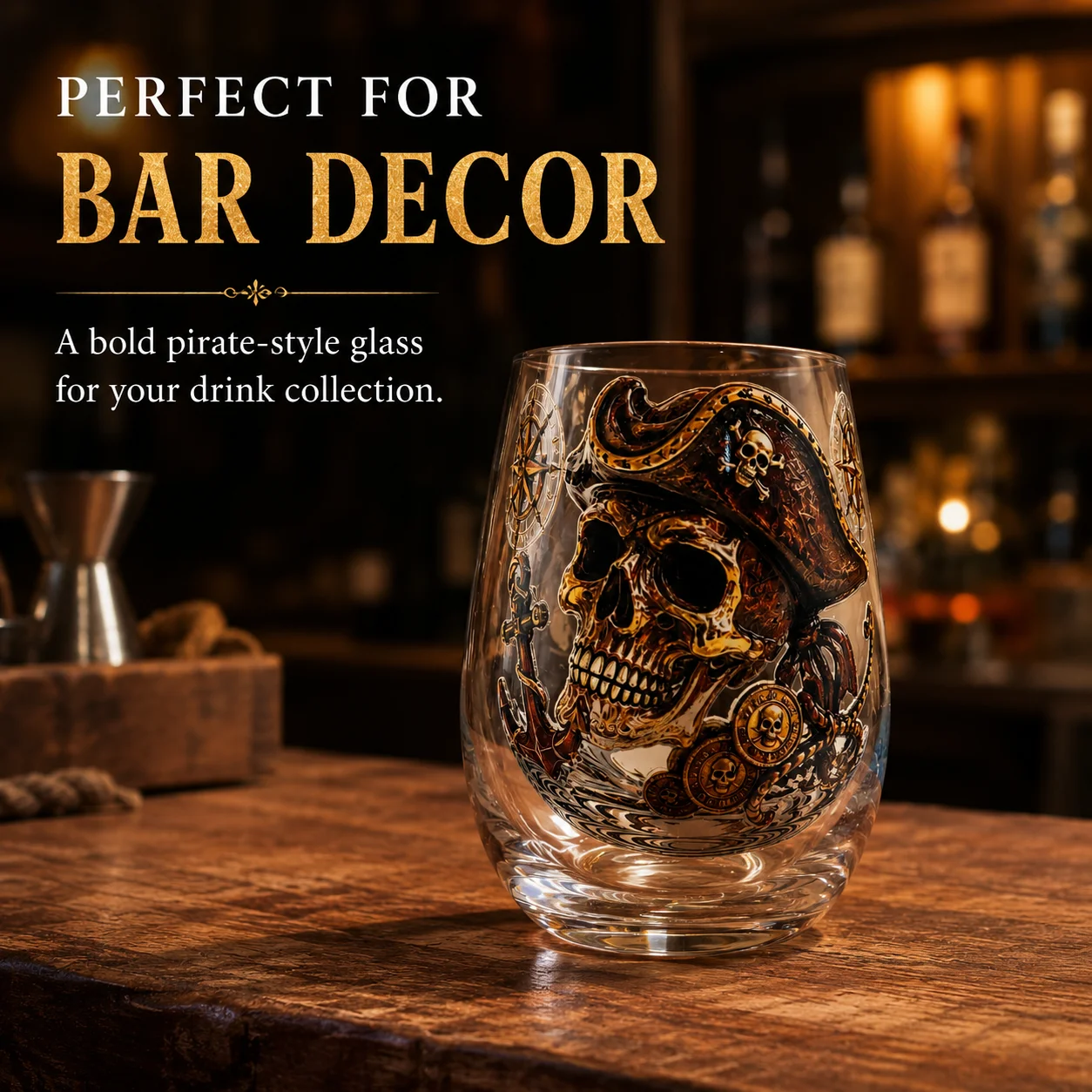 Vintage Pirate Captain Skull Stemless Whiskey Glass Nautical Anchor Compass Treasure Coin Print Heavy Base Bar Decor Tumbler