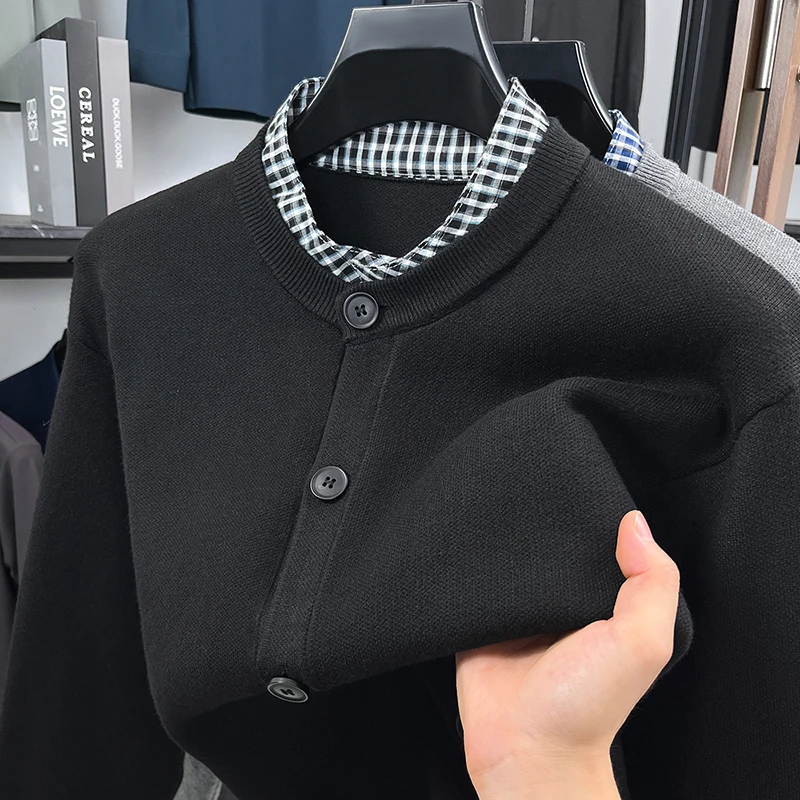 Men's Autumn Winter Long Sleeves False Two-Piece Knitwear Britain Keep Warm High Quality Sweater Leisure Trend Men's Clothing