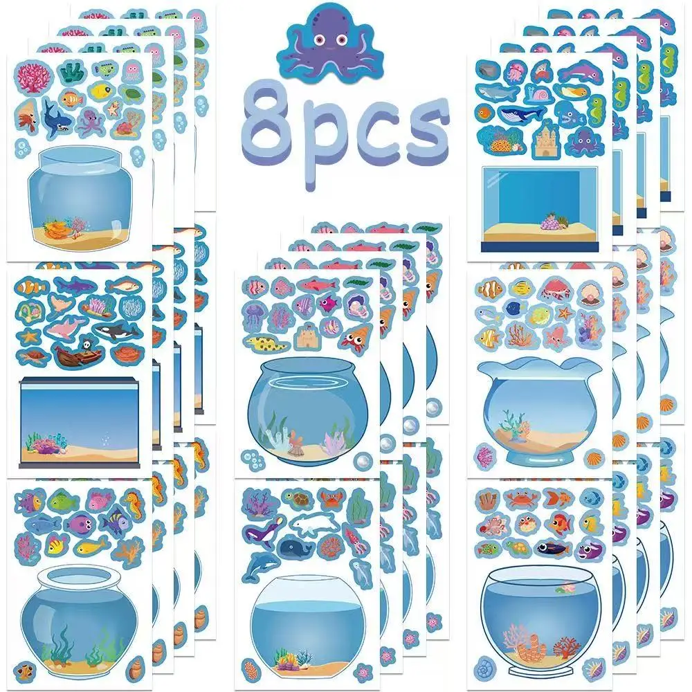 8PCS Lucky Fish Tank Puzzle Sticker Handmade DIY Notebook Desktop Creative Decoration Waterproof