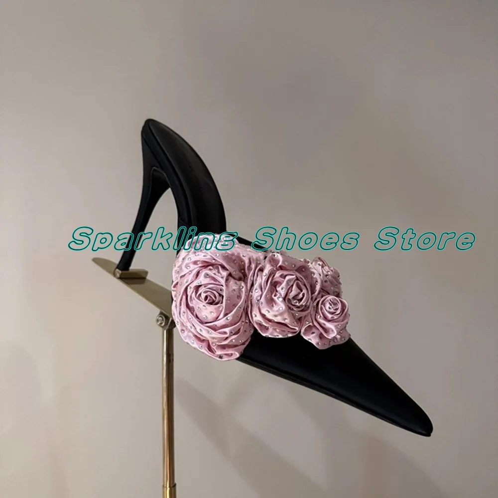 Slik Rhinestone Roses Pointed Toe Sandals Stiletto Slingbacks Slippers Sexy Ladies Dress Party Shoes 2024 New Arrivals