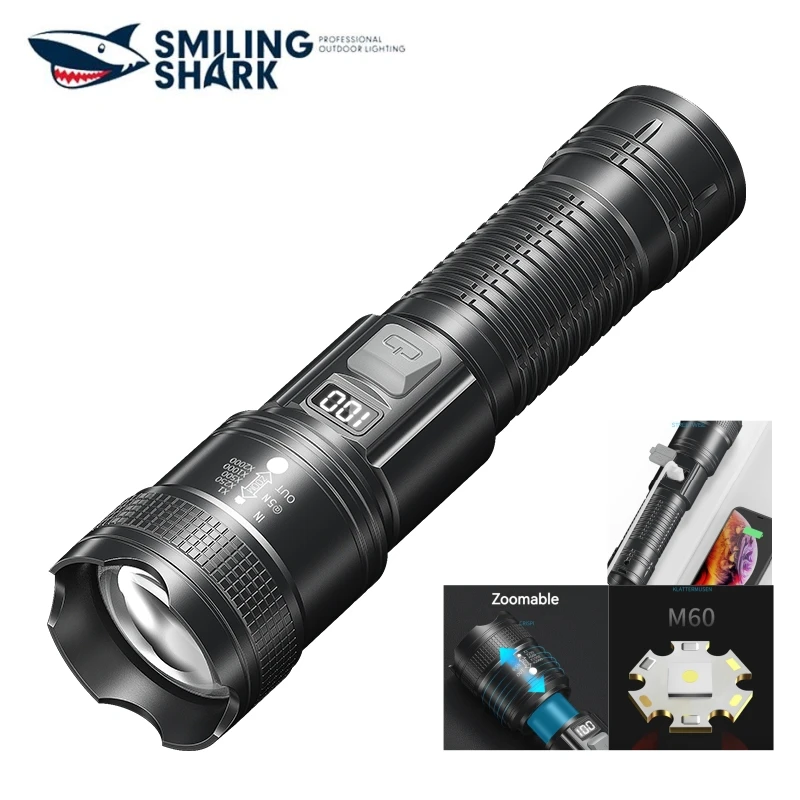 Lachende Haai Sd1030 Zoombare Zaklamp, M60 Usb Oplaadbare Plastic Fakkellamp, Met Power Display, Voor Buiten Kamperen
