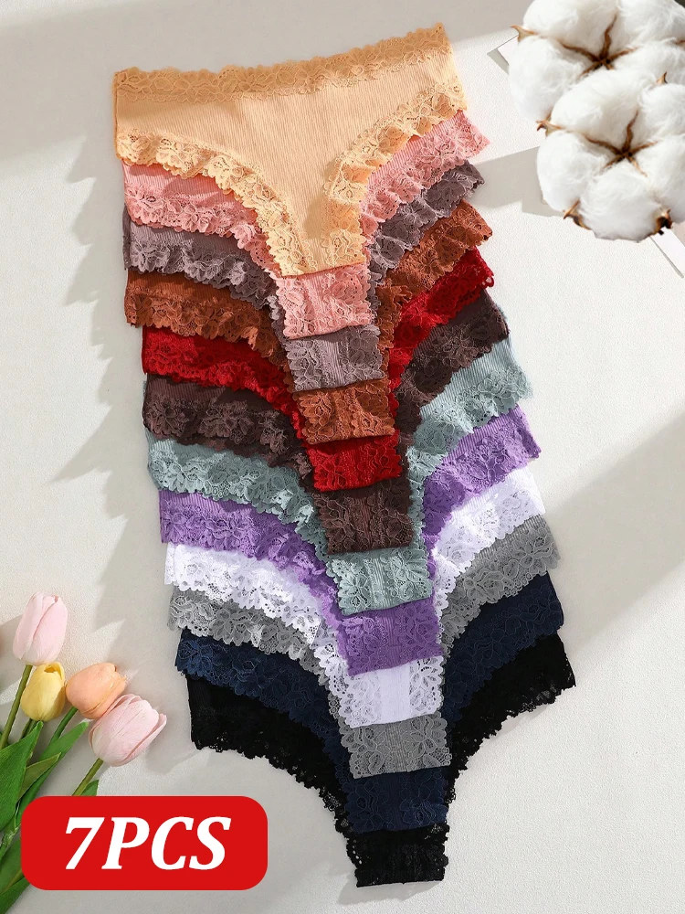 7PCS Sexy Spitze Baumwolle Stoff Brasilianische Hosen Für Frauen Nahtlose Einfarbig Niedrigen Taille Unterwäsche Weichen Bequemen Bikini Höschen