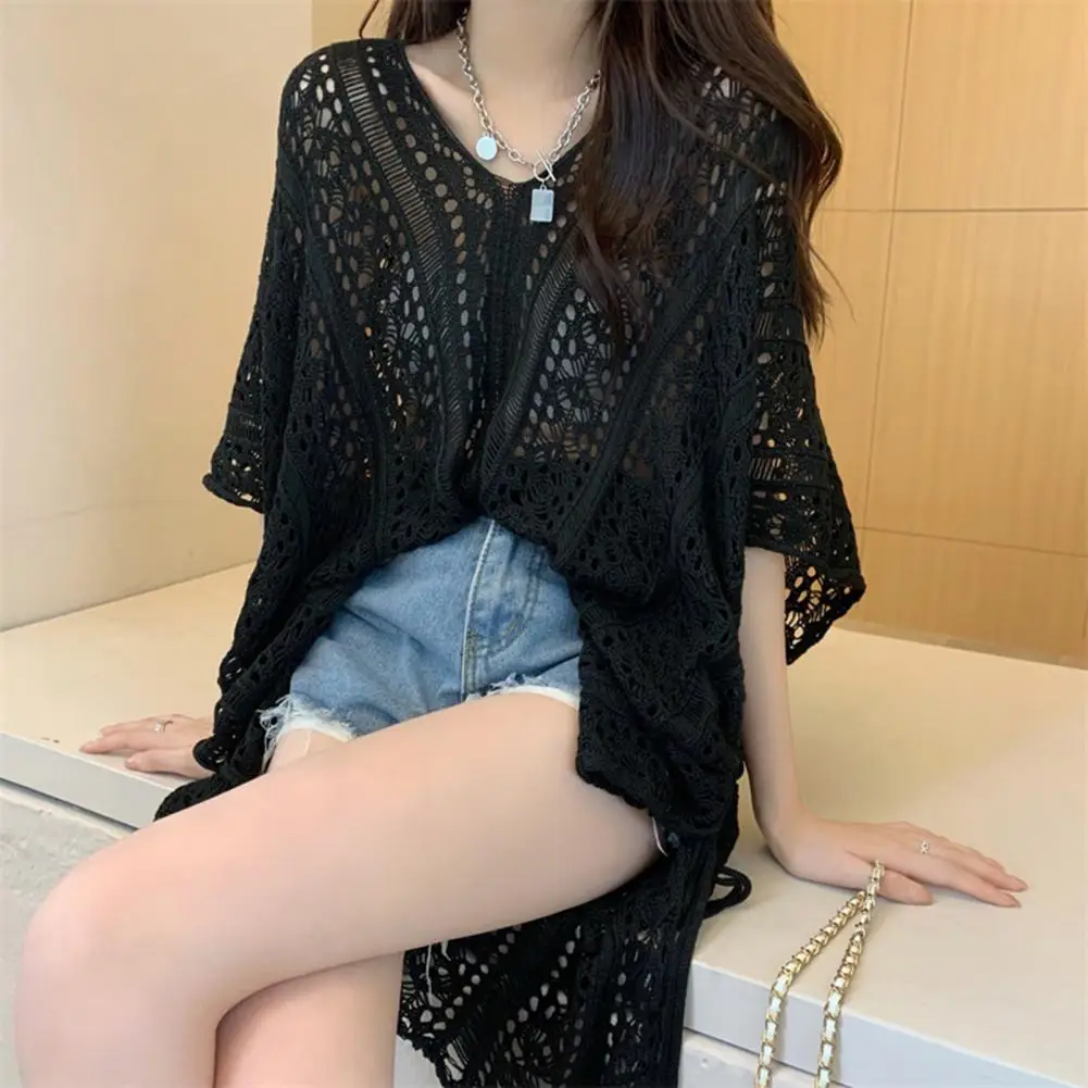 

V-neck Dress V-neck Cover Up Dress for Beach Bikini Short Sleeve Hollow Out Summer Top Loose Fit Breathable Swimwear Cover Up