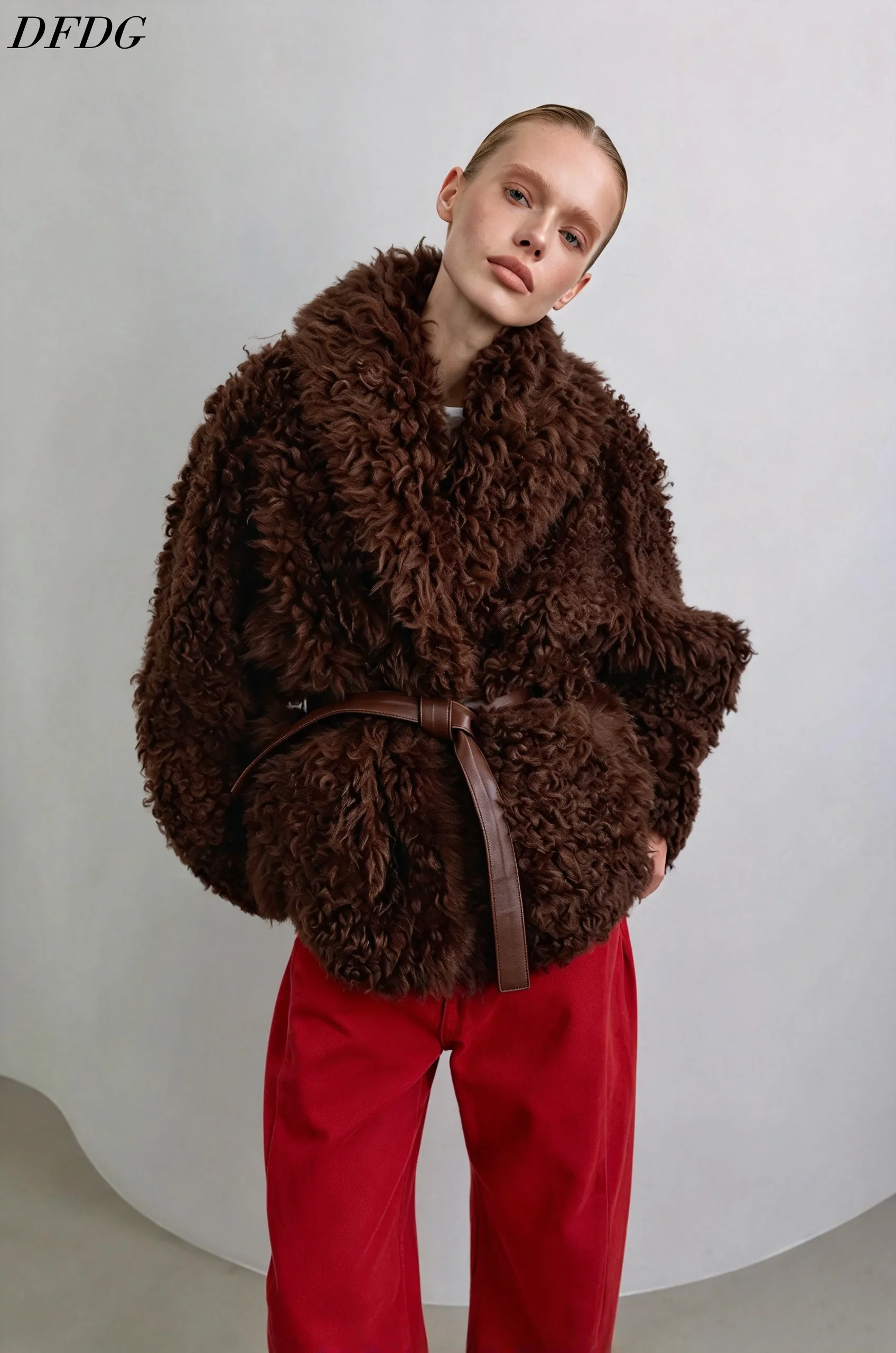 DFDG Women Curly Faux Fur Coat Lapel Collar Belted Waist Wrap Style Oversized Winter Warm Luxury Plush Outerwear Fur Coat