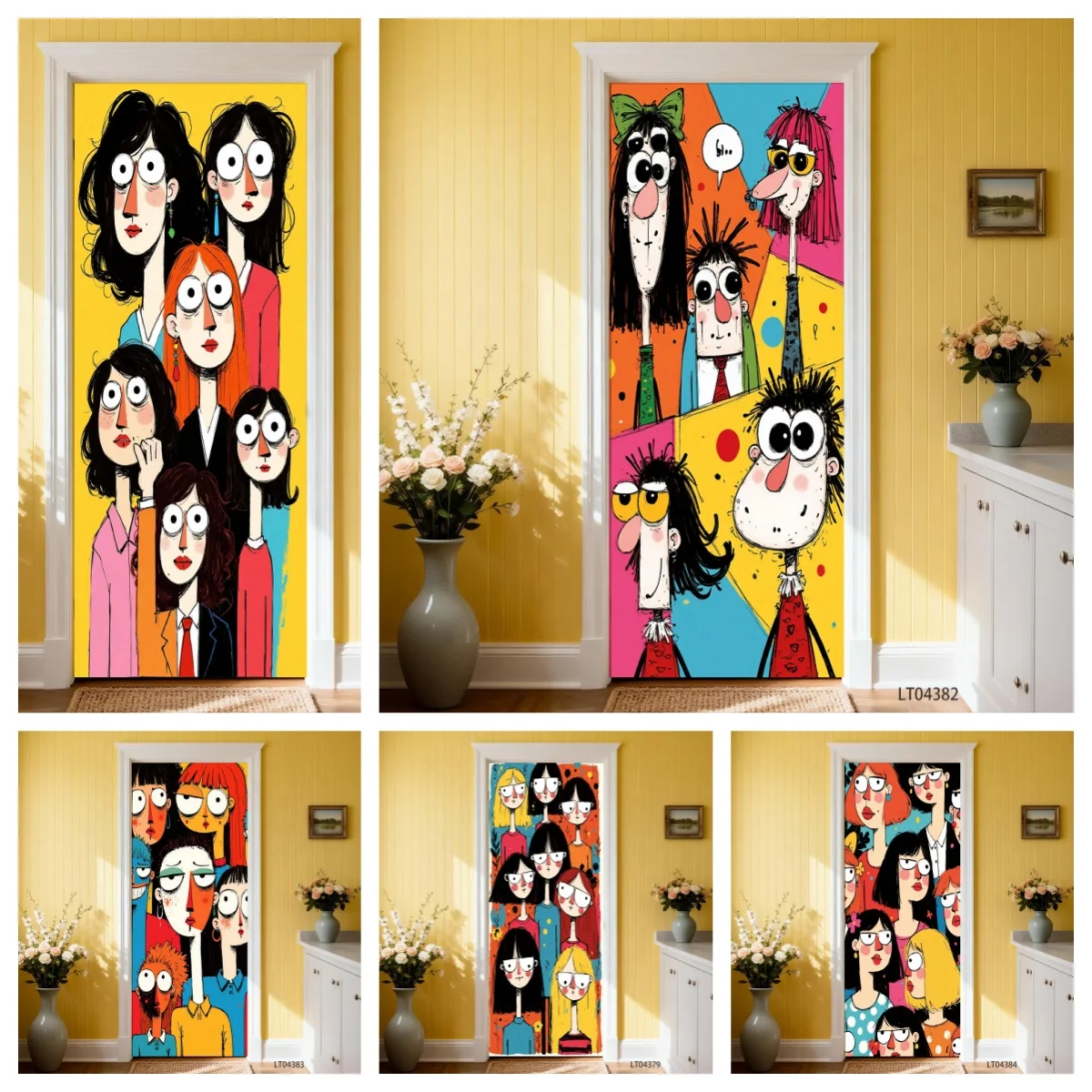

Quirky Funny Human Group Door Decal - Artistic Vivid-Pattern Removable Self-Stick Cover for Home Room Doors Creative Space Door