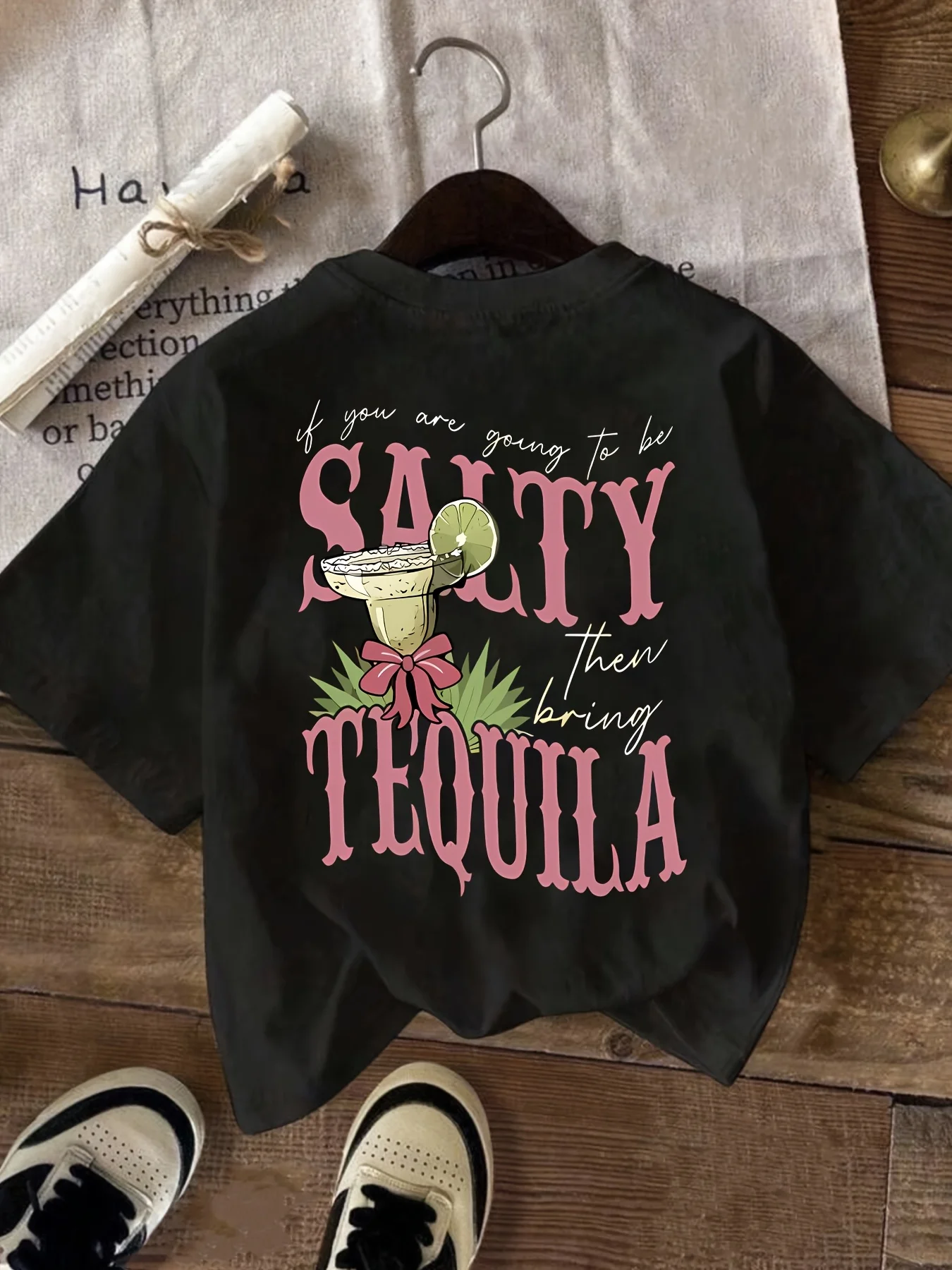 

SALTY TEQUILA Lemon Beverage Pattern Printed Large T-shirt Short Sleeve Women's Large Fashion Summer Top