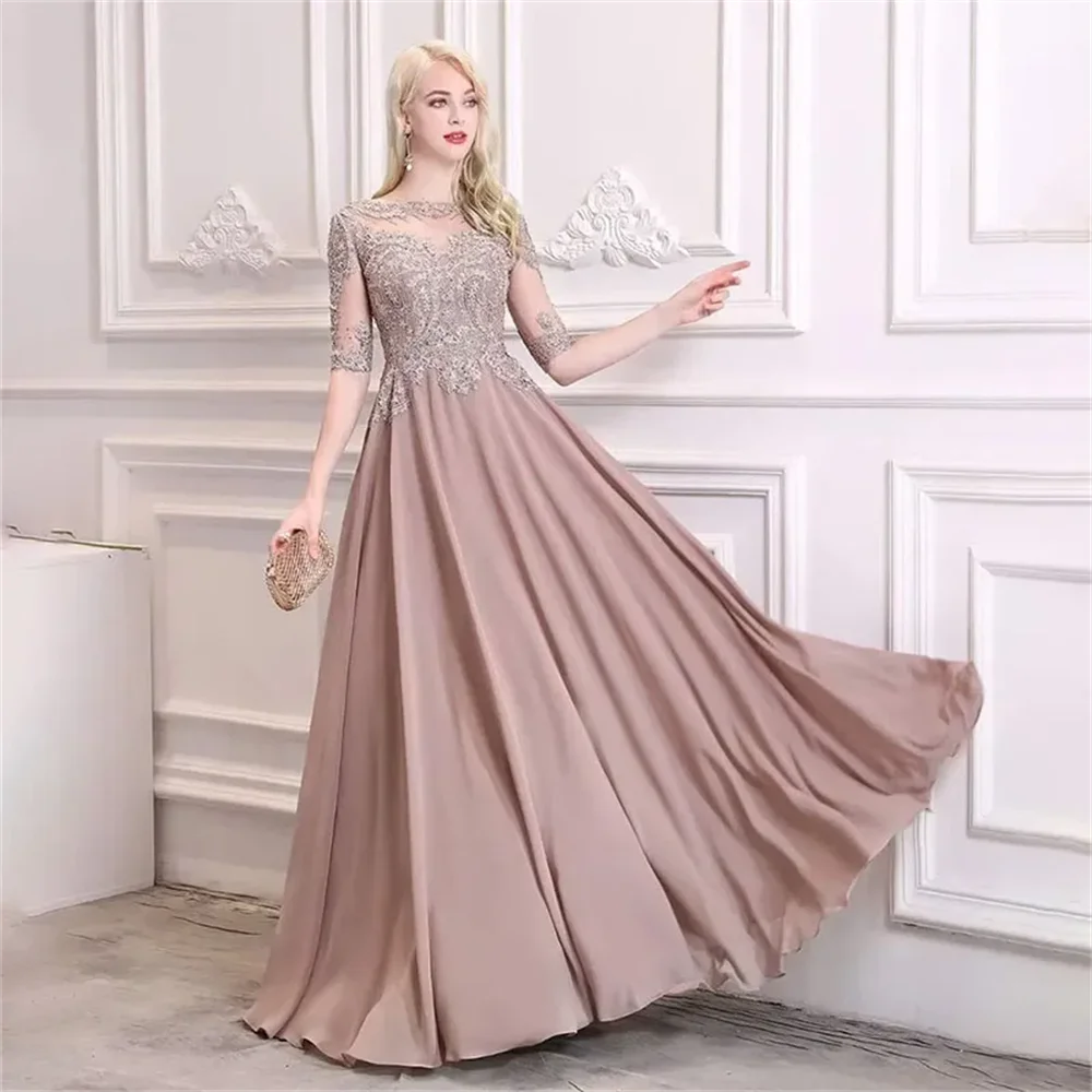 Robe trapèze en mousseline de soie avec appliques en dentelle pour femmes, demi-manches perlées, robes de mère de la mariée, robe de soirée formelle, personnalisée, nouveau, 2024