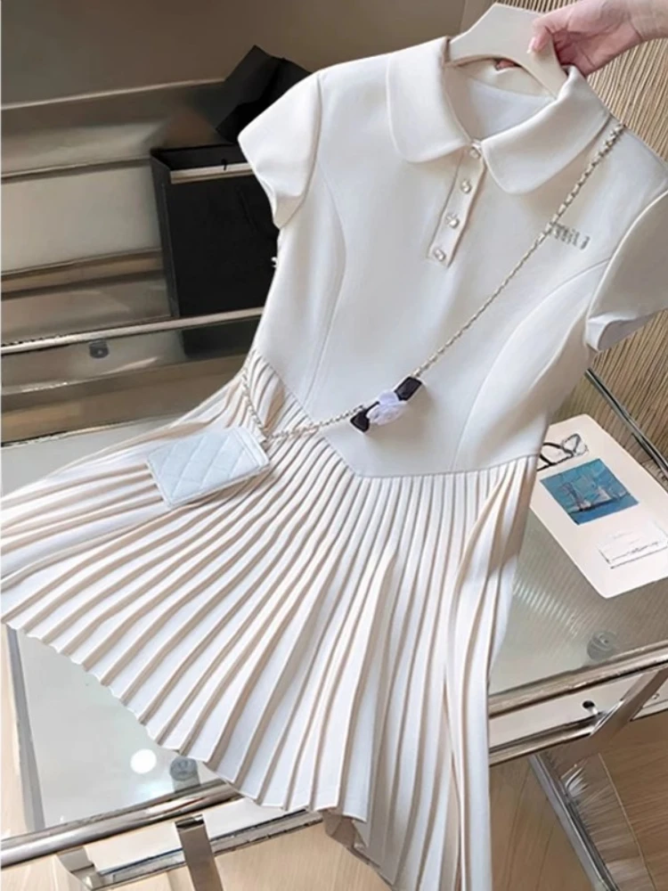 

Fashion Elegant Dress Solid Color Pleated Patchwork Peter Pan Collar Dresses Summer Small Fragrance Loose 2025 Women's Clothing
