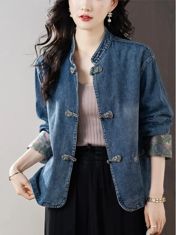 Nouveau chinois Sle rétro Denim Jaet femmes automne Faionable polyvalent irt haut haut de gamme sensation longue fermeture à bouton Sve