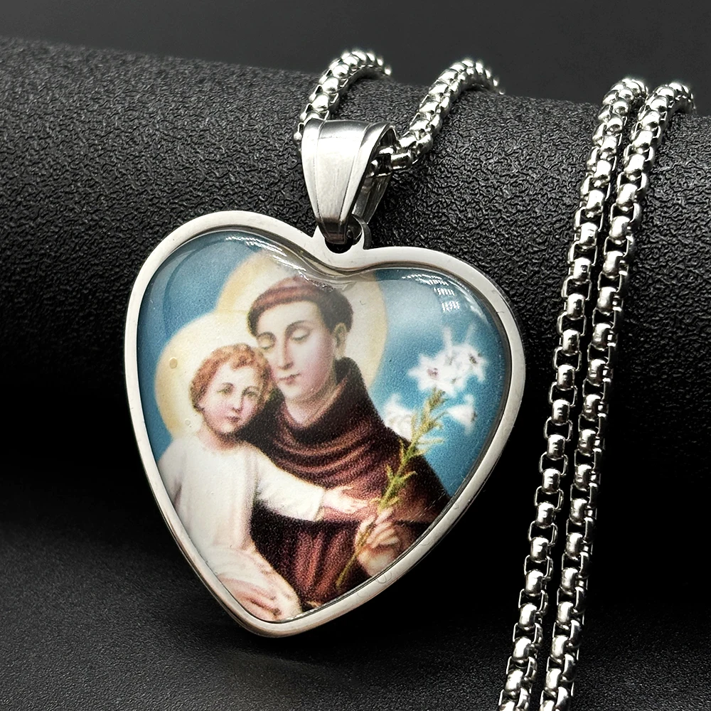 Catholic Saint Anthony of Padua Hold Christ Child Lily Heart Pendant Necklace Stainless Steel Gold Plated Amulet Chain Jewelry view 4
