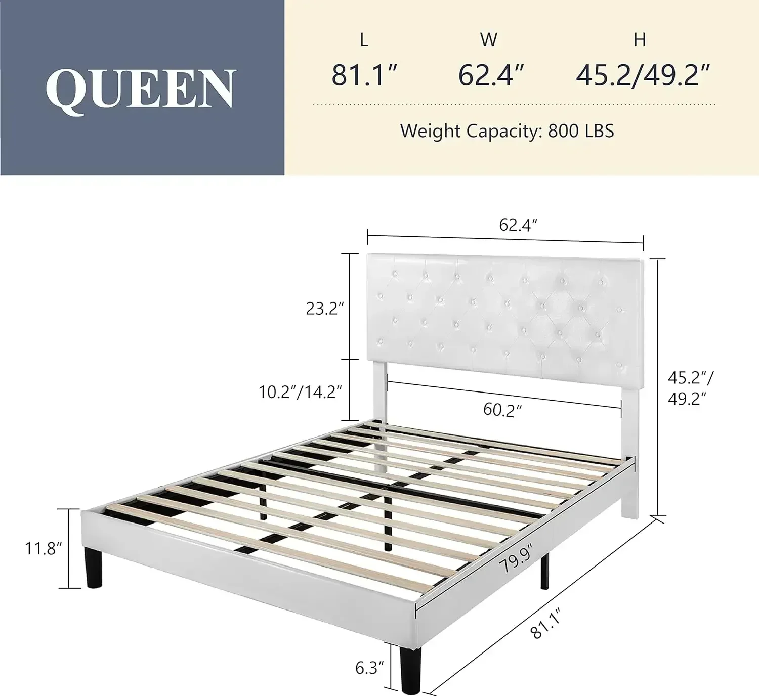 Allewie Queen Bed Frame with Adjustable Diamond Stitched Button Tufted Headboard/Faux Leather Upholstered Platform Bed with Easy