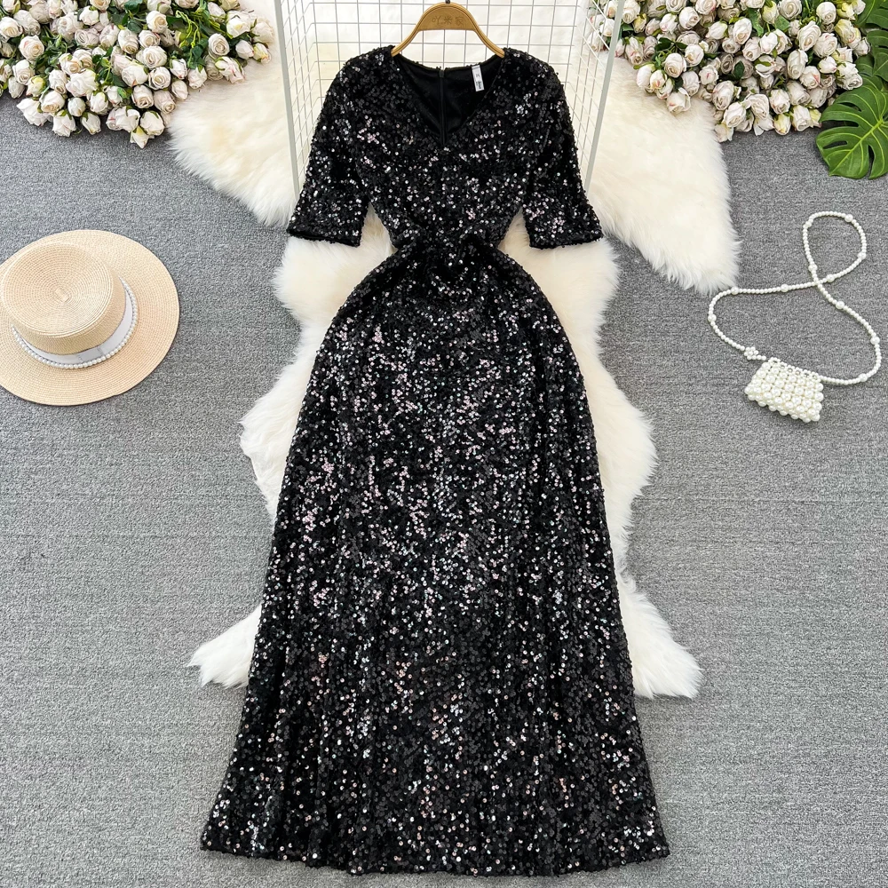 High Quality Sparkly Evening Dress For Female Ladies Celebrity Banquet Host V-neck Fishtail Pink Black Bling Sequin Dress Prom