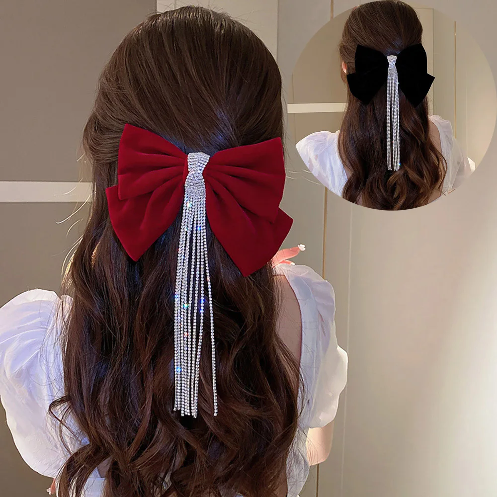 

New Korean Velvet Elegant Women Bow Hair Pins Fabric Rhinestone Tassel Hair Clips for Girl Spring Clip Hair Accessories