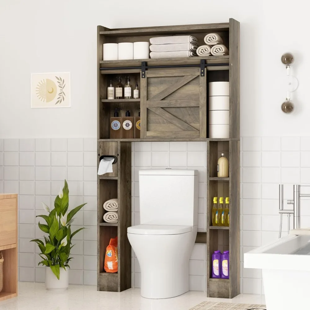 

Over The Toilet Storage Cabinet, 32.5''W Over Toilet Storage with Sliding Barn Door, Freestanding Over Toilet Storage Shelf, Bat