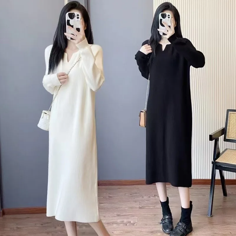Vestido de lã de malha com camada inferior para outono e inverno feminino comprimento médio moda temperamento vestido de malha