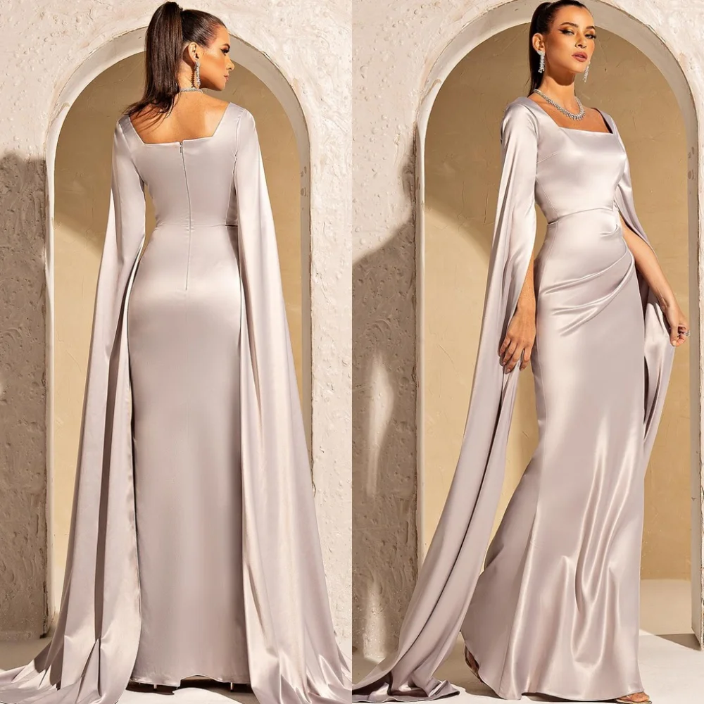 Maßgeschneiderte hochwertige Satin-Abendkleider, modisch, quadratischer Kragen, lange Ärmel, Promi-Kleider, moderne Kleider für besondere Anlässe