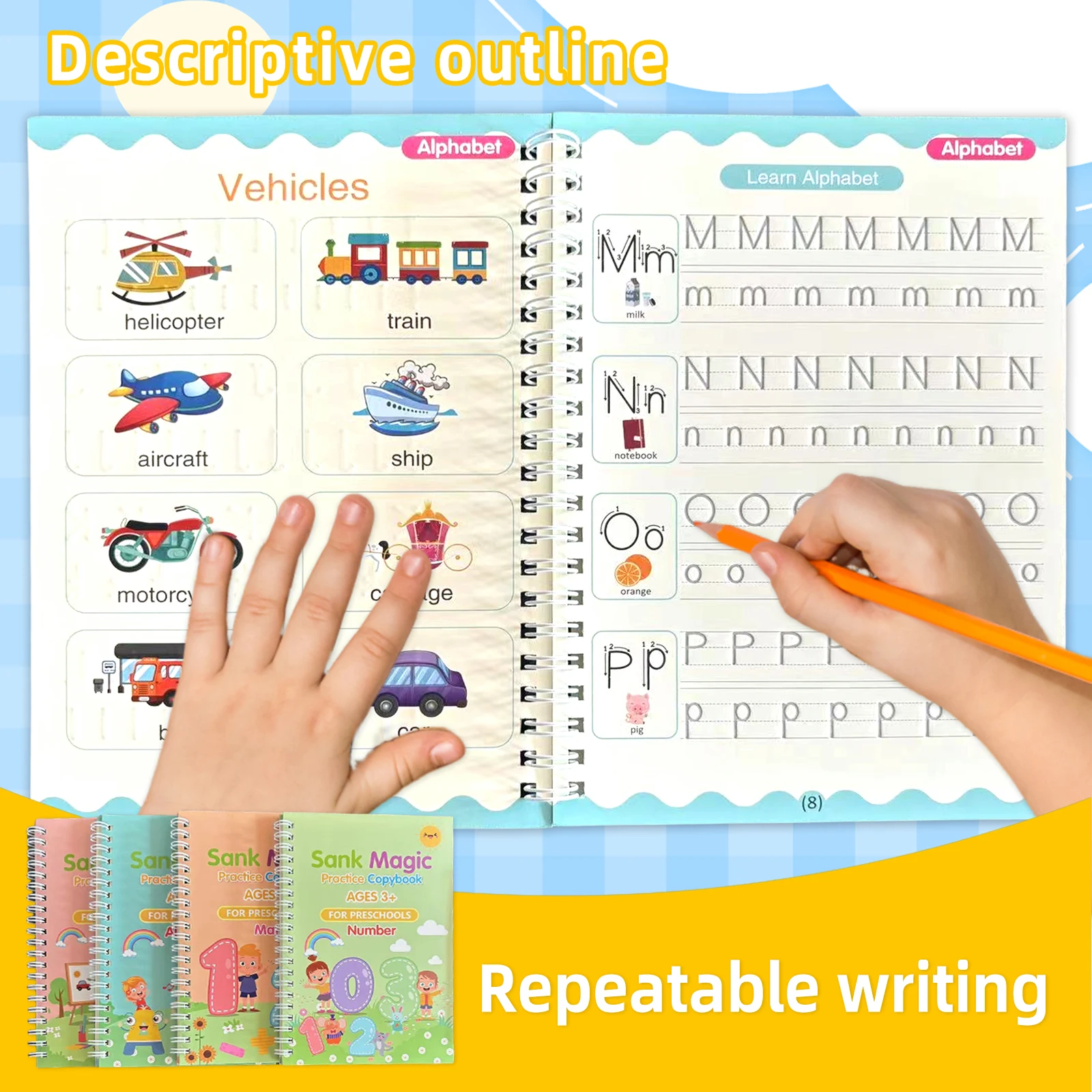 

4pcs Sank Magic Practice Copybook Pen Preschools Kids Calligraphy English Verison Free Wiping Children Reusable Writing Book