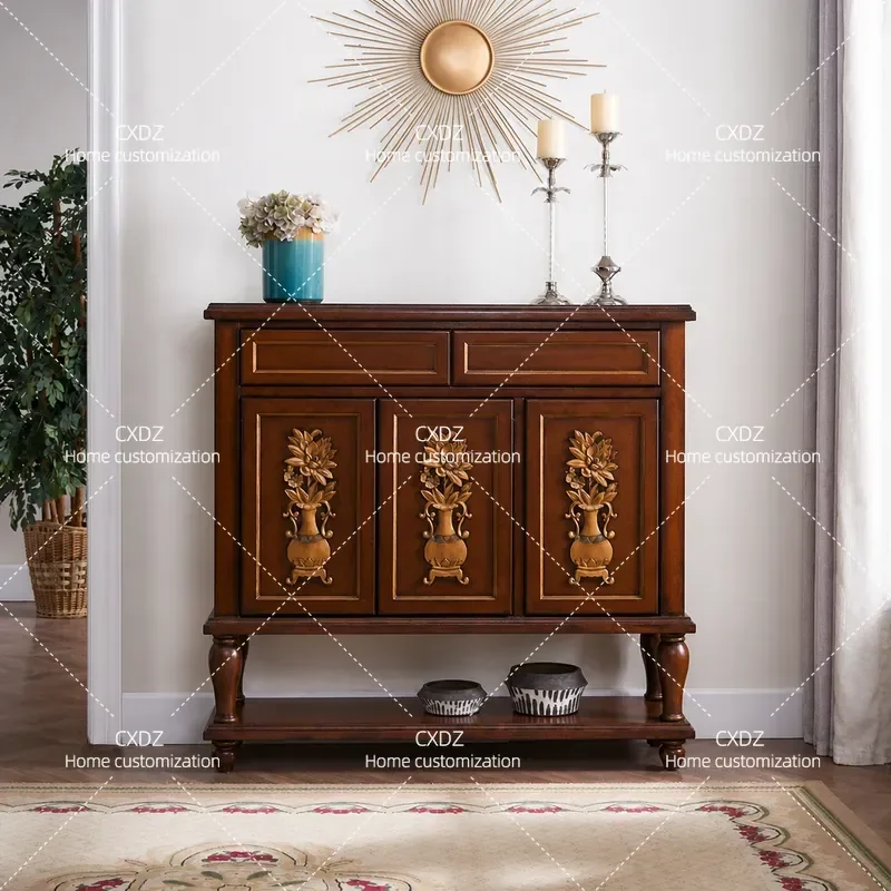 Retro Gold Hand Painted Solid Wood Entrance Cabinet Carved Two Drawers Three Doors Foyer Locker Sideboard Storage Furniture
