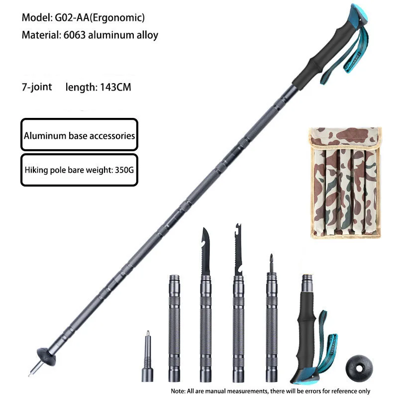 Multifunctional 7-joint aluminum alloy trekking pole Outdoor telescopic folding hiking pole lightweight mountaineering cane