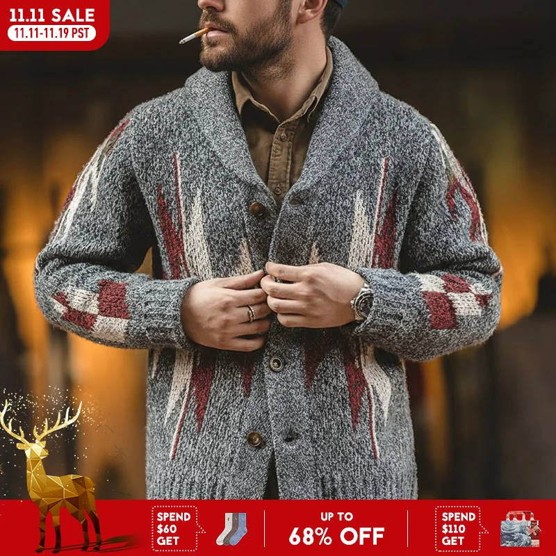 

Maden Knitted Vintage Cardigan Men Sweater Indiana Thick Knit Oversized Streetwear Geometric Trend V-neck Christmas Knit Coats