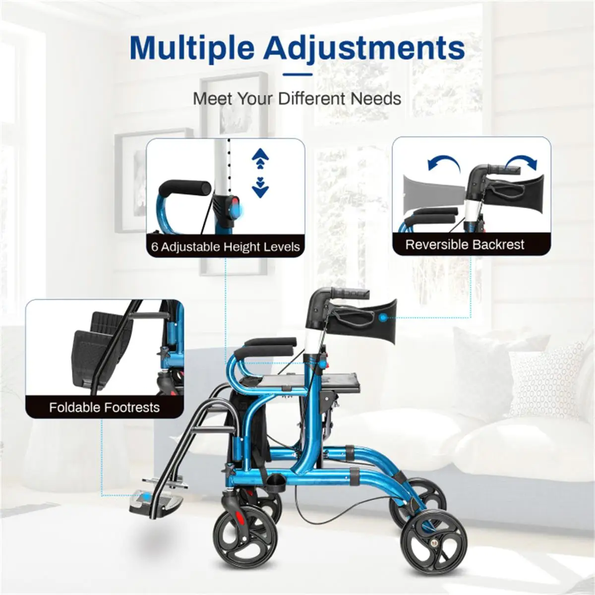 Portable Rolling Walker Wheelchair - Compact Folding Design for Easy Transport