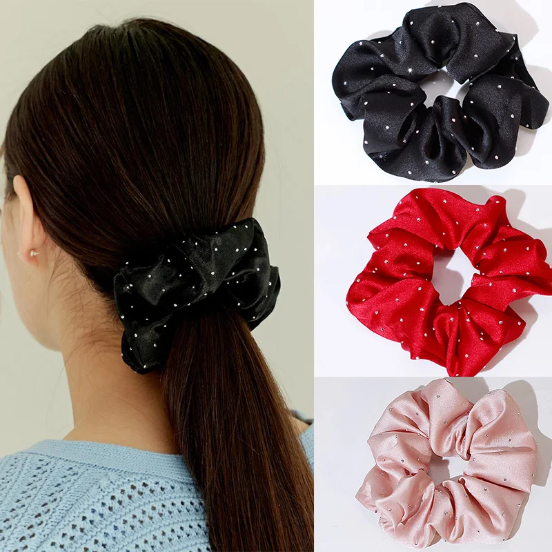 

Lystrfac Fashion Satin Dot Rhinestone Scrunchies for Women Solid Color Head Rope Women Elastic Hair Band Girls Hair Accessories