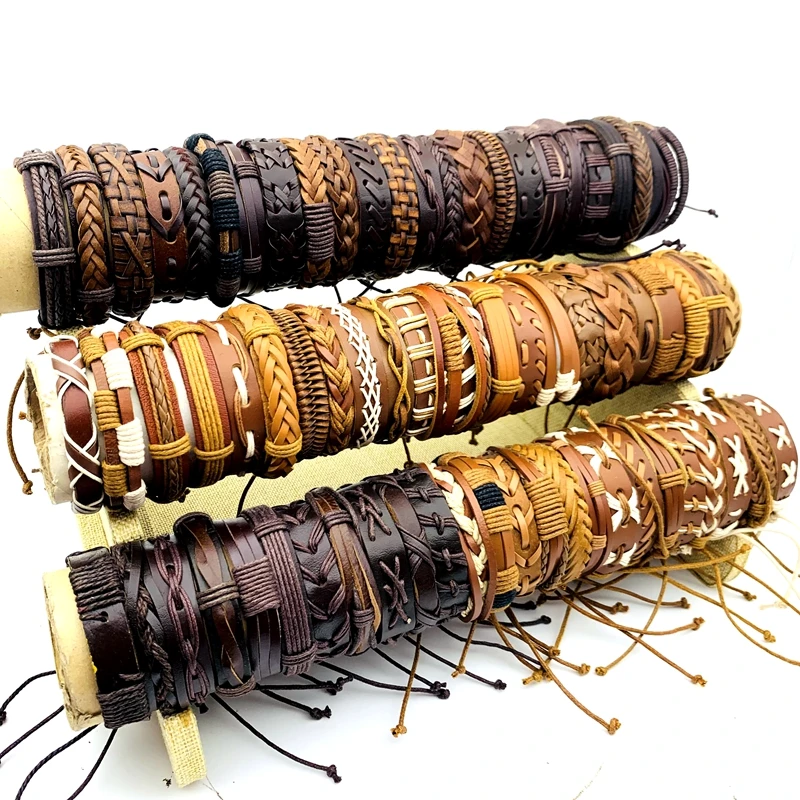 Wholesale 20/30/50/100/200pcs Vintage Leather Bracelets For Men Women Handmade Cuff Fashion Jewelry Party Gift Mix Lot Resizable