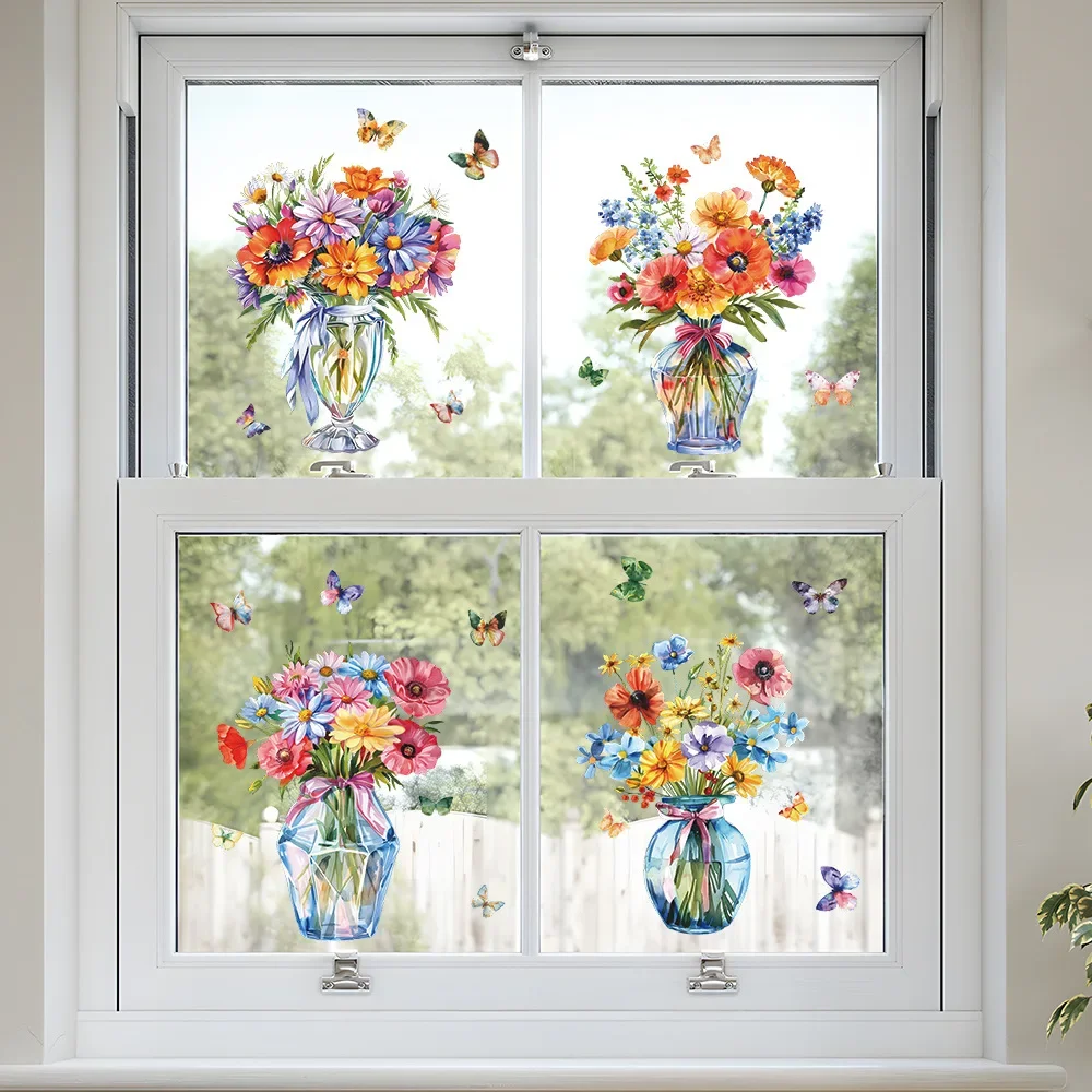 4PCS Watercolor Flower Vase Couplet Painting Glass Window Home Beautify Decoration Electrostatic Uv Window Sticker