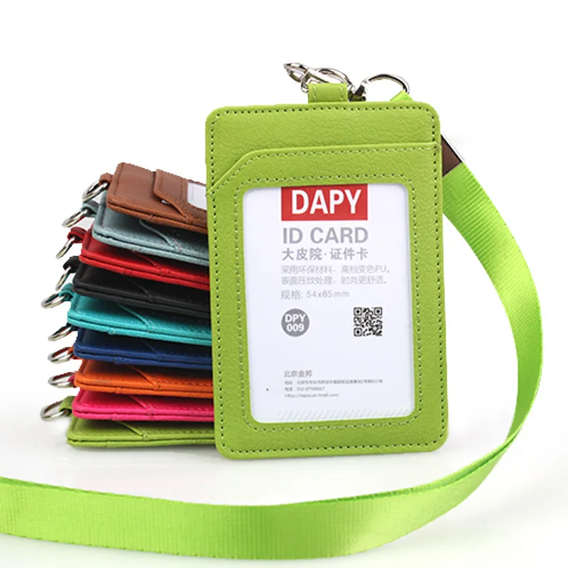 PU leather badge holder working permit case with neck strap office ID tag