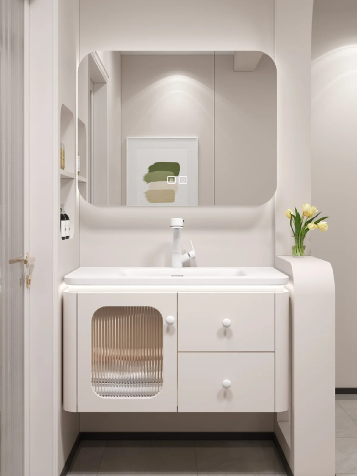 Ceramic Whole Washbin Cream Style Bathroom Cabinet Combination Hand Washing Washbasin Cabinet Skin Feeling Corian