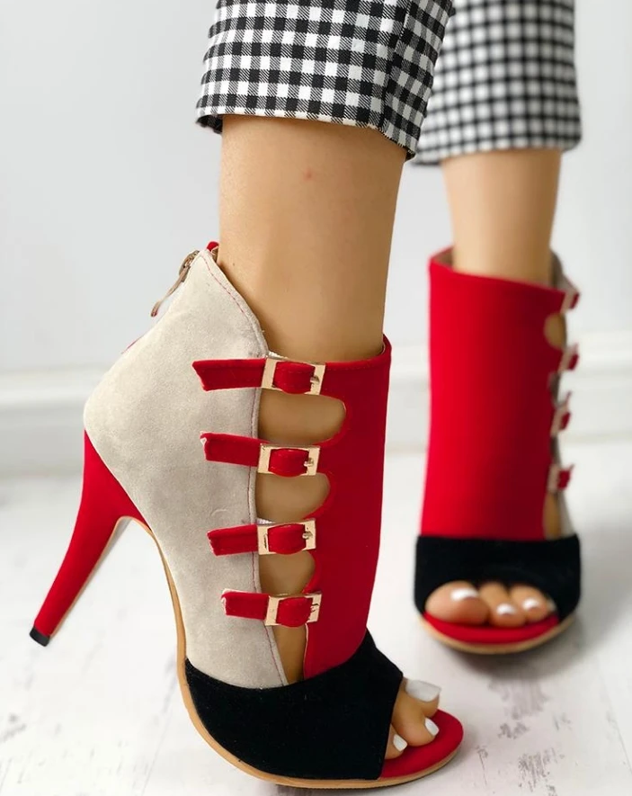 Colorblock Splicing Hollow Out Buckled Thin Heels