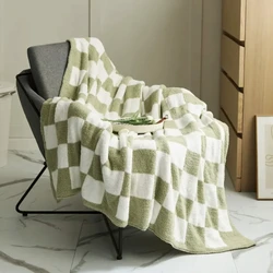 Checkerboard Plush Throw Blanket Super Soft Sherpa Fleece with Chunky Knit Texture Modern Geometric Cozy Blanket for Home Decor
