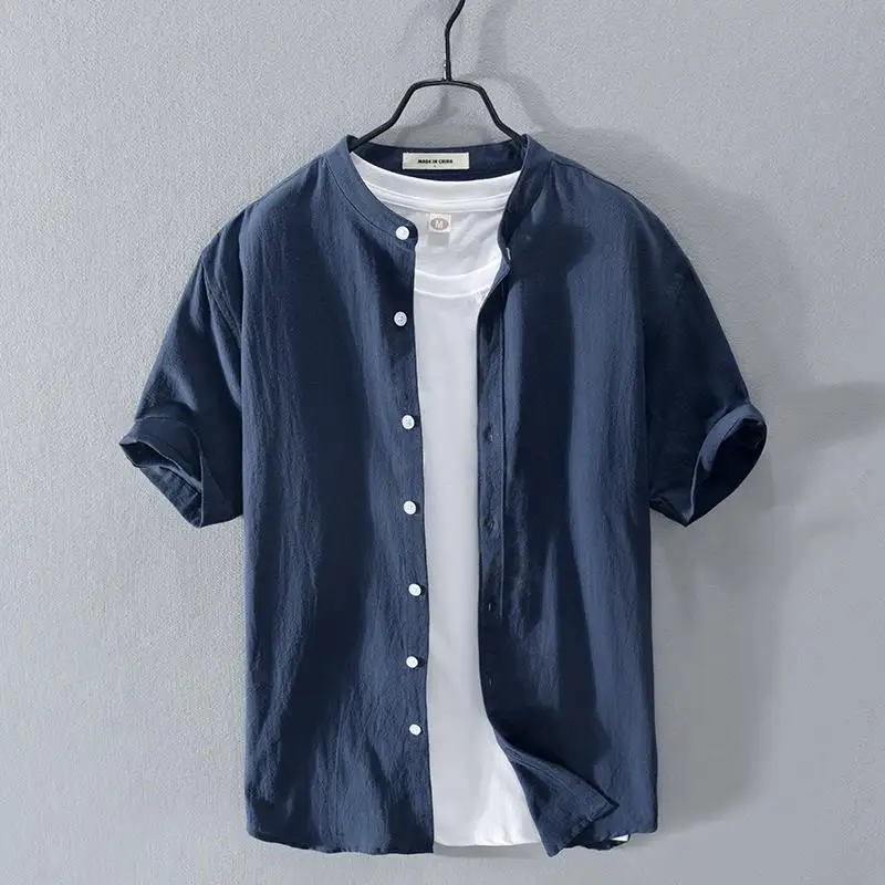Trendy Brand Cotton Linen Short-sleeved Men's Summer Loose Wrinkled Cloth Shirt Chinese Style Retro Literary Stand Collar Shirt
