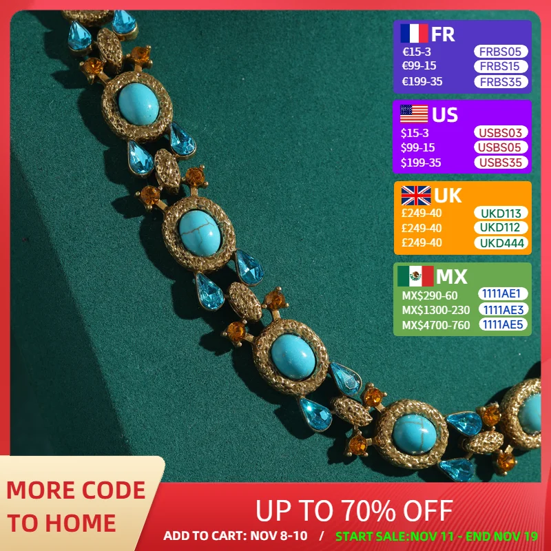 

Vintage Bohemian Choker Turquoise Necklace Jewelry Blue Natural Stone Crystal Gold Color Woman Luxury Designer Antique Wedding