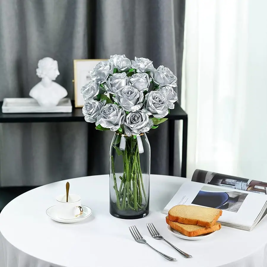 12 STKS Kunstzijde Bloemen Realistische Rozen Boeket Lange Steel voor Thuis Bruiloft Decoratie Feest (Zilver 1)