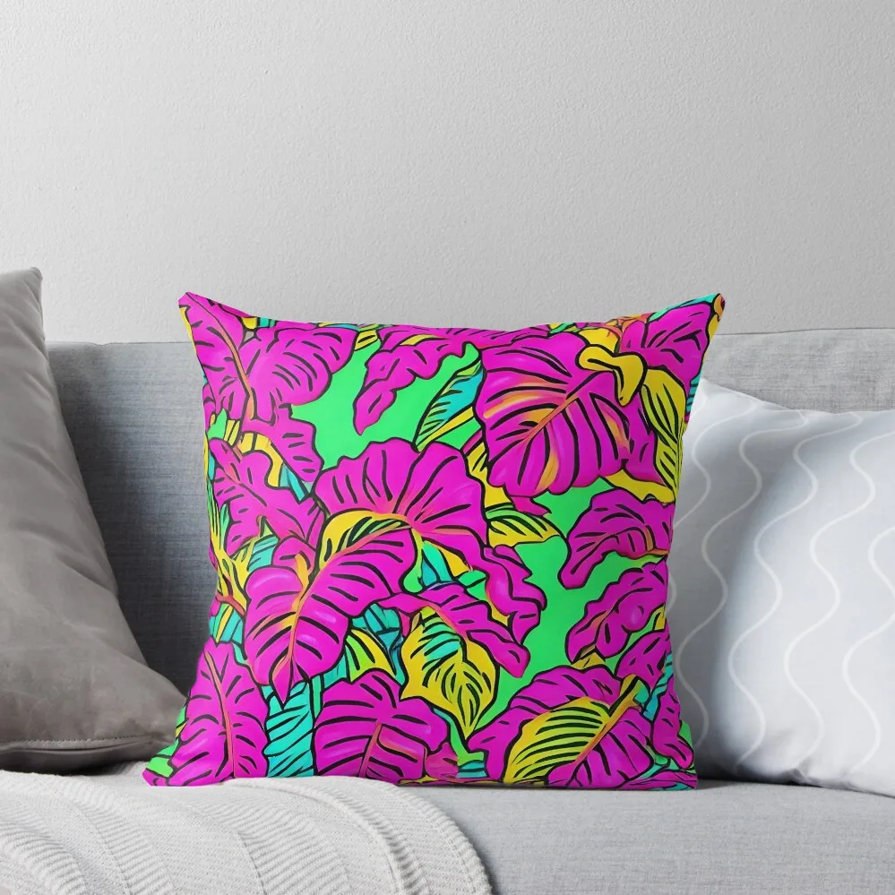 

Neon Hot Pink Botanical Banana Leaves Pattern Green Turquoise Tropical Maximalist Throw Pillow Decorative Sofa Cushions pillow