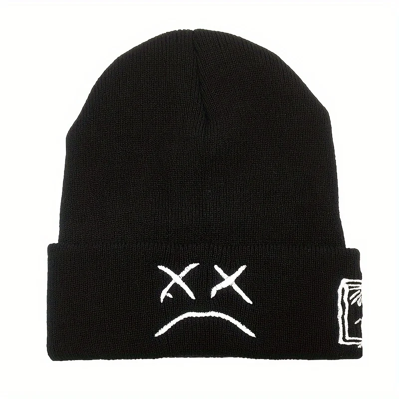 Sad face embroidered graphic brimless beanie fashionable black and white knitted hat casual hip-hop brimless hat image 6