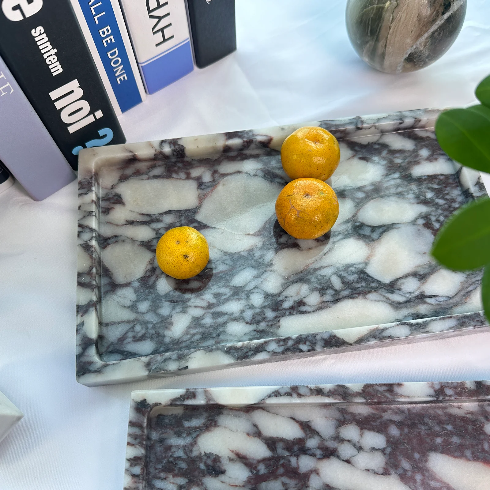 Natural Marble Vanity Tray Genuine Viola Marble Storage Tray for Bathroom/Kitchen/Dresser(Calacatta Viola, 10x6in)