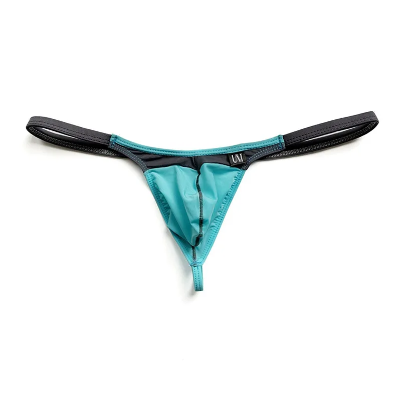 Candy Color Men T-back Panties, Low Rise Contrast Splicing, Elastic Thin Band Semi Sheer 3D Bulge Pouch Male Thong Underpants