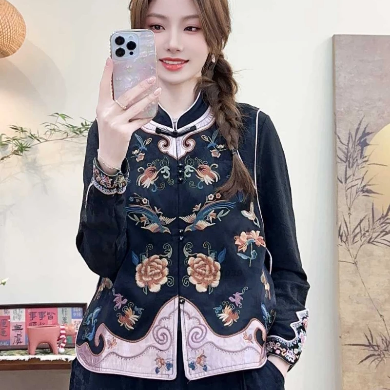 

2025 national flower embroidery stand collar vest traditional satin jacquard vest retro hanfu tops sleeveless jacket streetwear