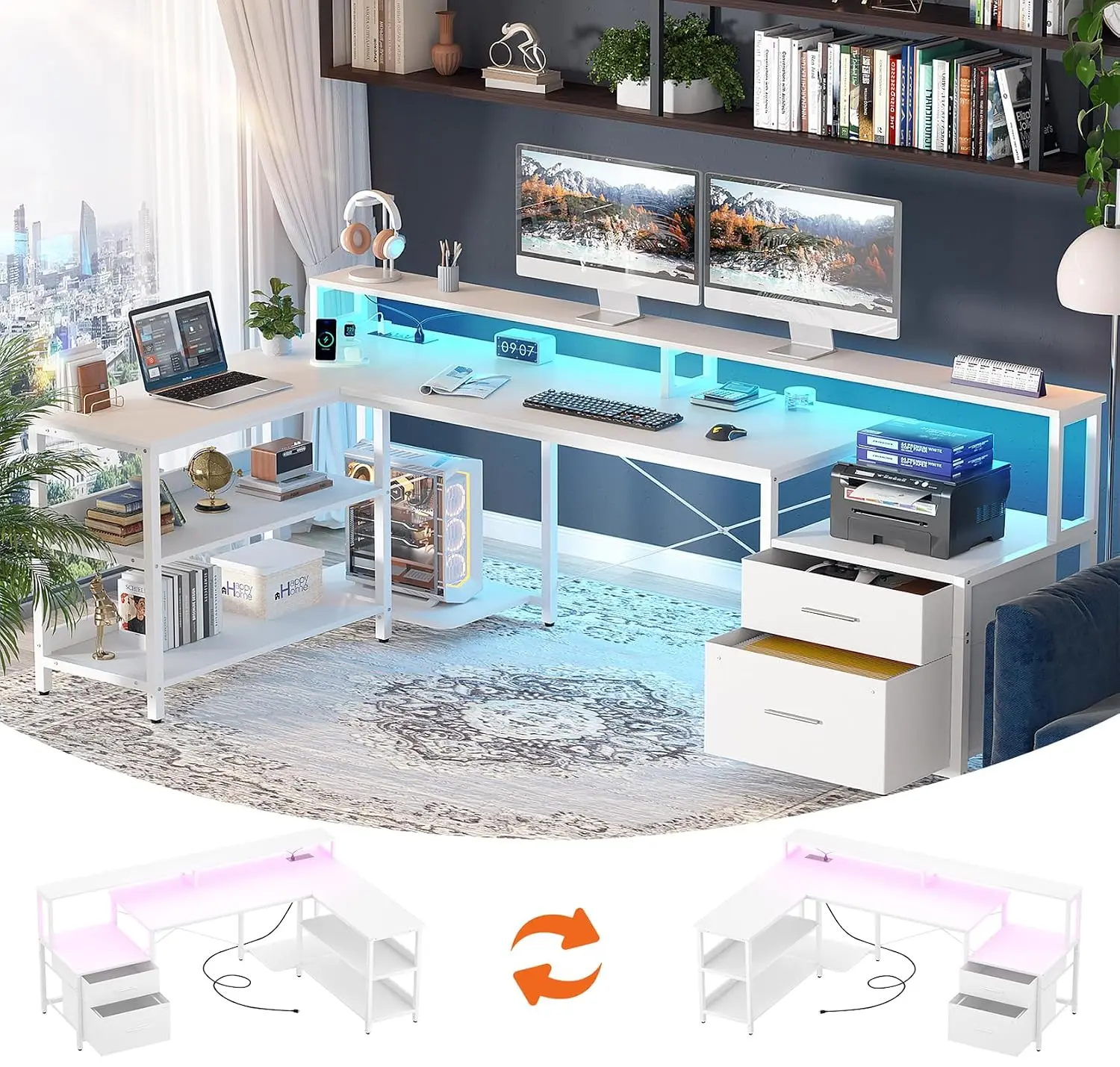L Shaped Desk Power Outlet Reversible File Drawer Monitor Stand LED Strip Gaming Storage Shelf Office White, Customized