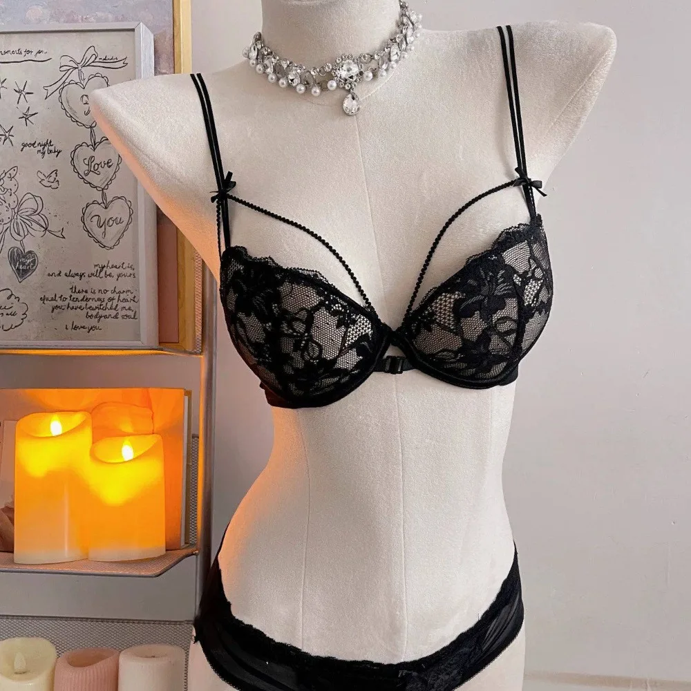 Women Sexy Lace Front Closure Wireless Bra Set Thin Strap Push Up Side Support Beautiful Back Underwear For Small Breasts 32-38