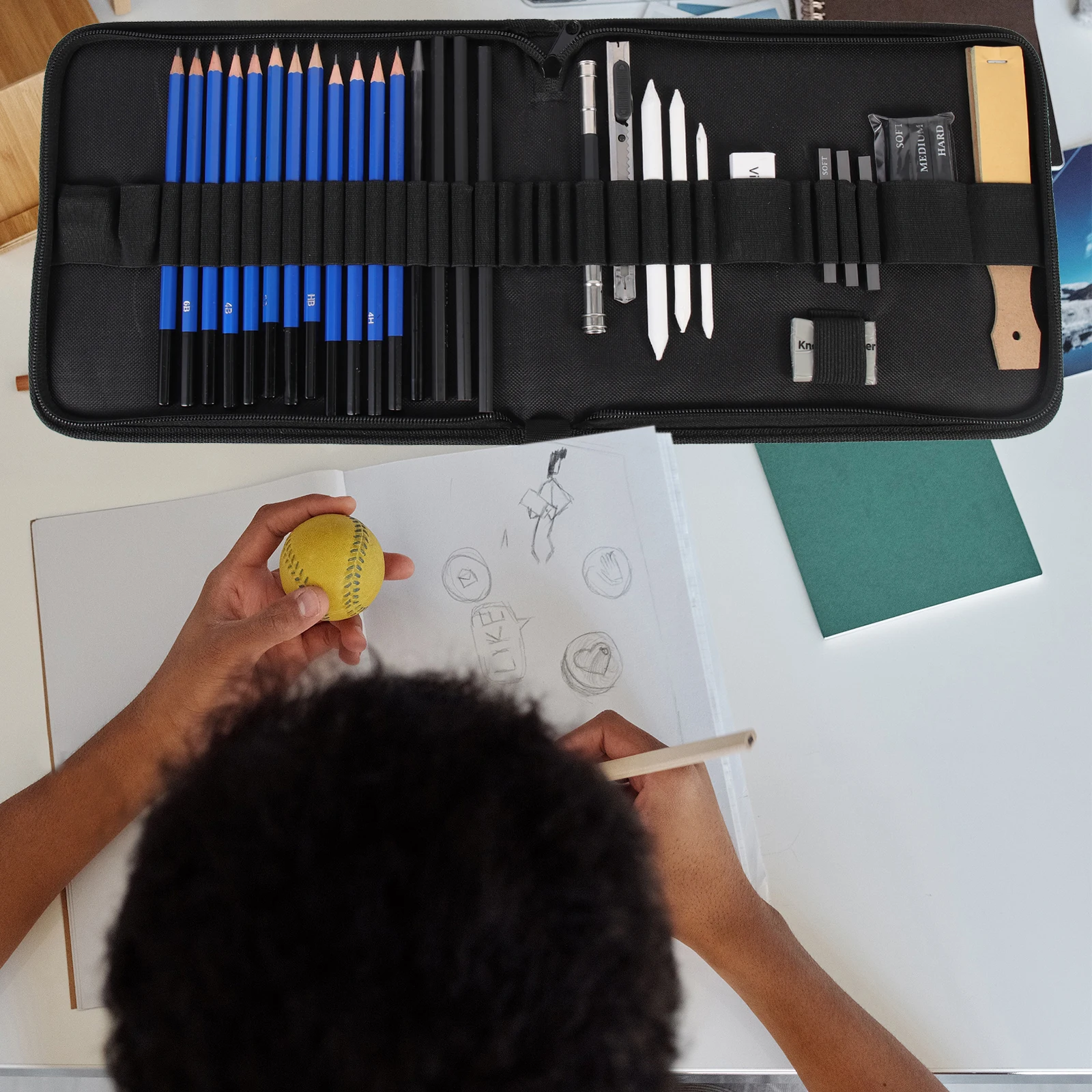 

1 set Professional Sketch Set Drawing Tools Portable Pad Shading Pencils Art Supplies Wooden Eraser Steel Lead Refillable Gift