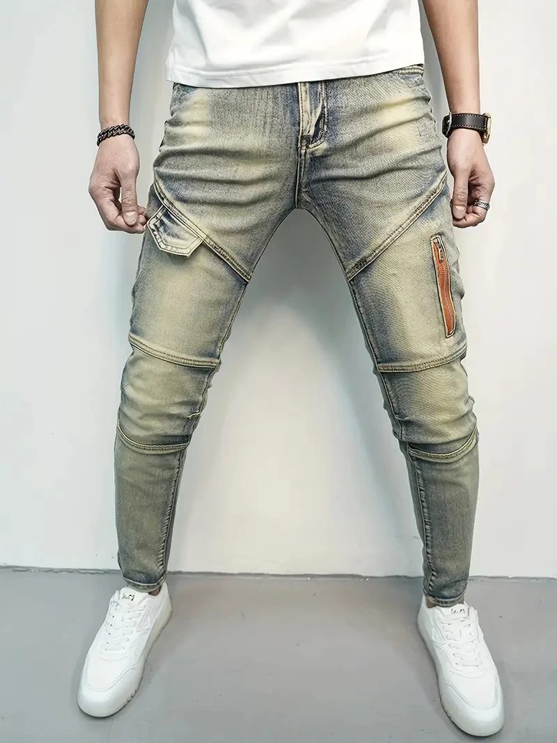 Männer Herbst Straße Elastische Denim Jeans Waschen Einfarbig Zipper Cargo Hosen Casual Slim Fit Täglichen Tragen Jogger Mittlere Taille Hose