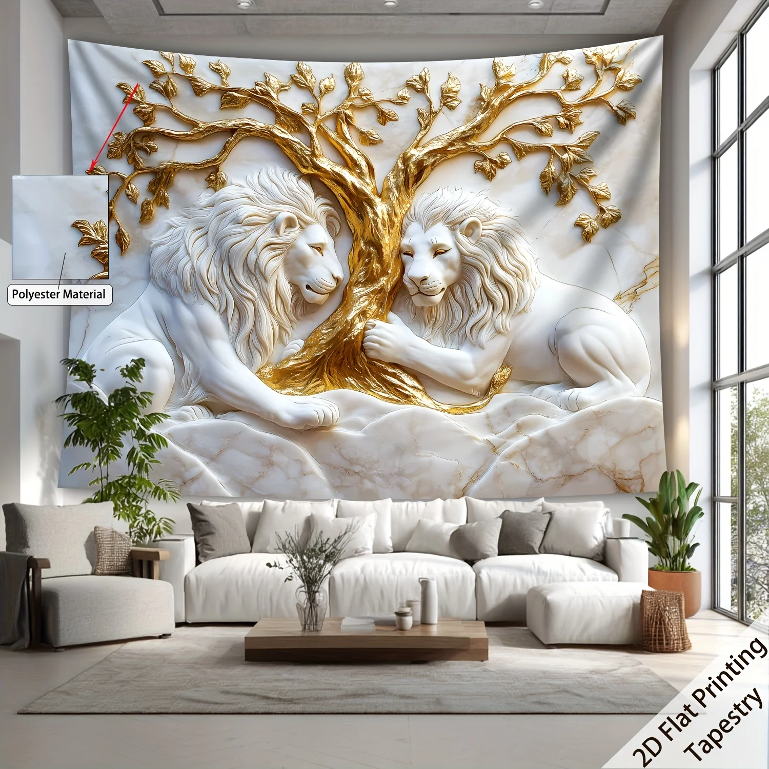 Relief Lion Tree of Life Tapestry, Large 3D Textured Wall Hanging, Print Polyester Decor for Living Room Bedroom Office
