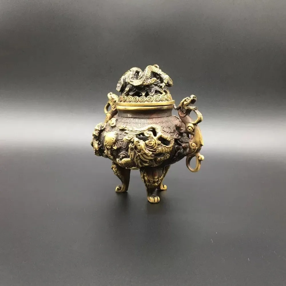 Antique Solid Brass Large Nine Dragons Hollow Incense Burner with Holder Sandalwood Censer Home Decor Gift