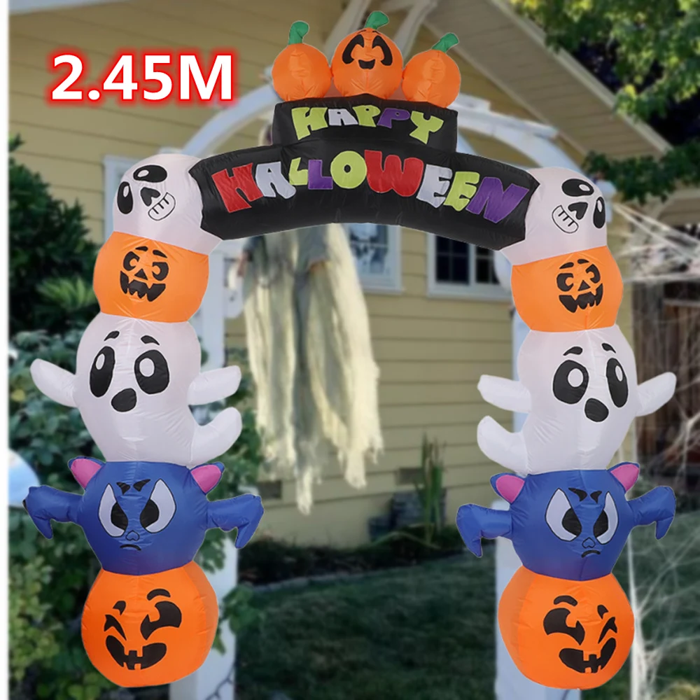 2,45 m elektrischer aufblasbarer Halloween-Bogen/Kürbisse, Totenköpfe und Geister mit aufblasbarem LED-Modell, Weihnachtsgeschenk, Innen- und Außendekoration